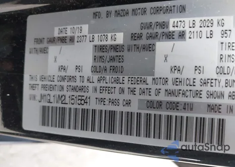 2020 Mazda Mazda6 Touring from USA, damaged, VIN JM1GL1VM2L1515541